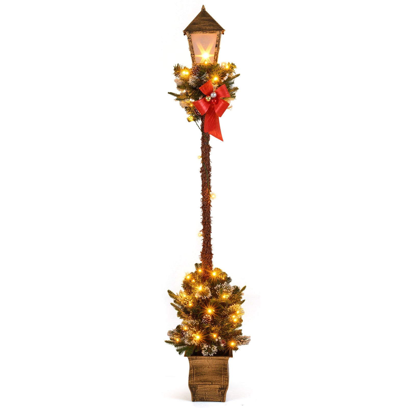 6.1-foot Christmas pre-lit street lamp with artificial greenery, snow-flocked branches, ideal for holiday outdoor Christmas decor