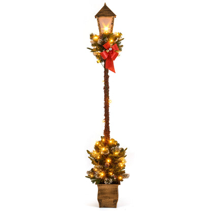 6.1-foot Christmas pre-lit street lamp with artificial greenery, snow-flocked branches, ideal for holiday outdoor Christmas decor