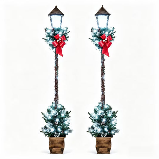 6.1 Feet Christmas Pre-lit Street Lamp Set of 2 with Artificial Greenery and Snow-flocked Branch Tips-Beight White