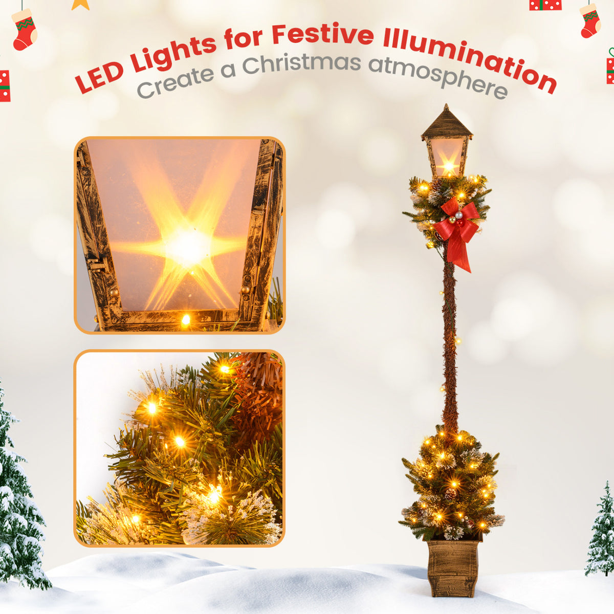 6.1 Feet Christmas Pre-lit Street Lamp Set of 2 with Artificial Greenery and Snow-flocked Branch Tips-Beight White