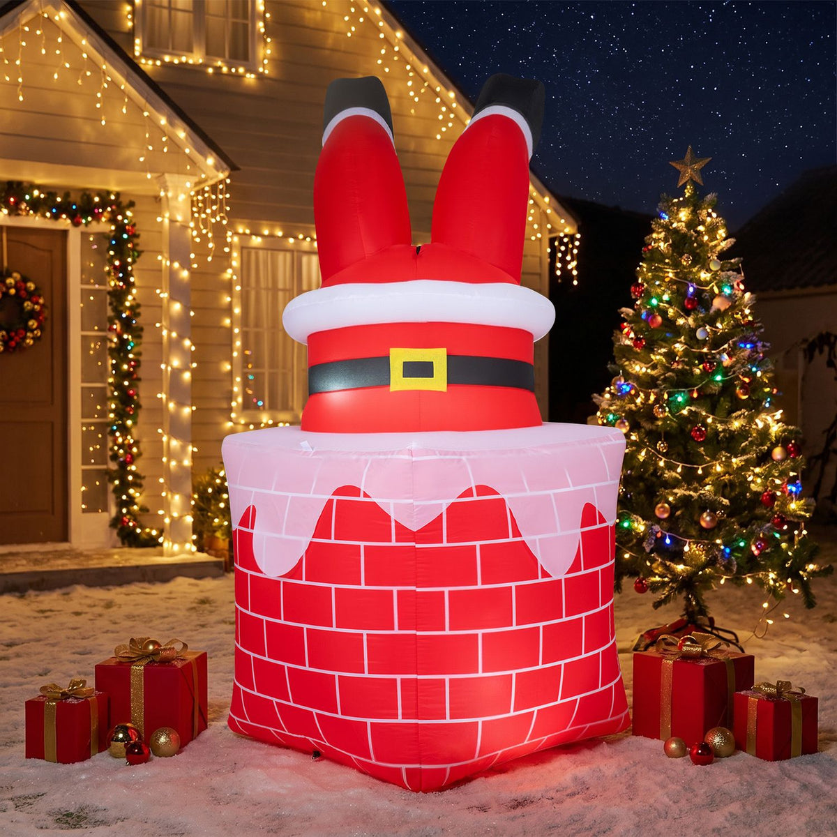 6.2 FT Christmas Inflatable Santa Claus in Chimney Decoration with Built-in LED Lights and Automatic Moving Legs