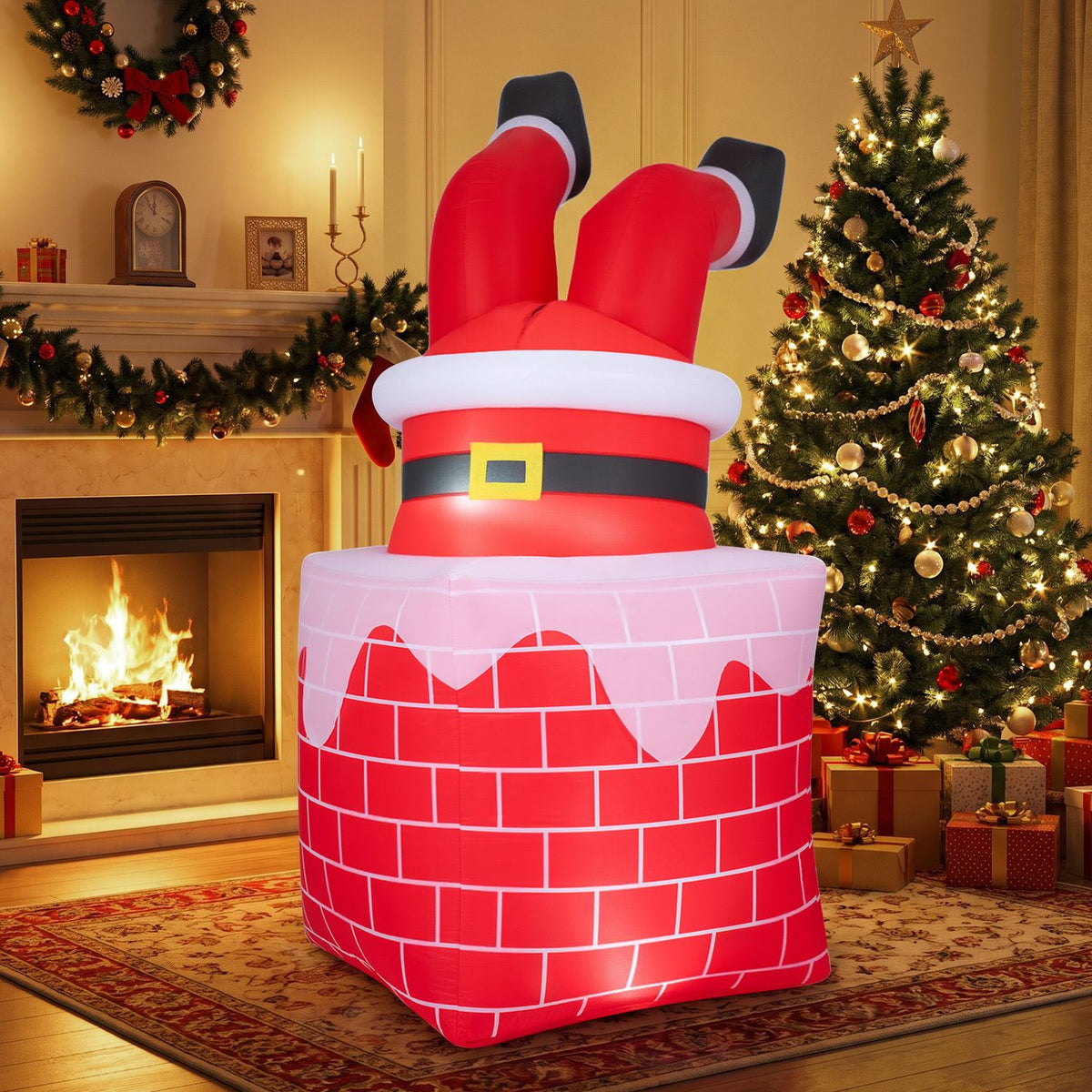 6.2 FT Christmas Inflatable Santa Claus in Chimney Decoration with Built-in LED Lights and Automatic Moving Legs