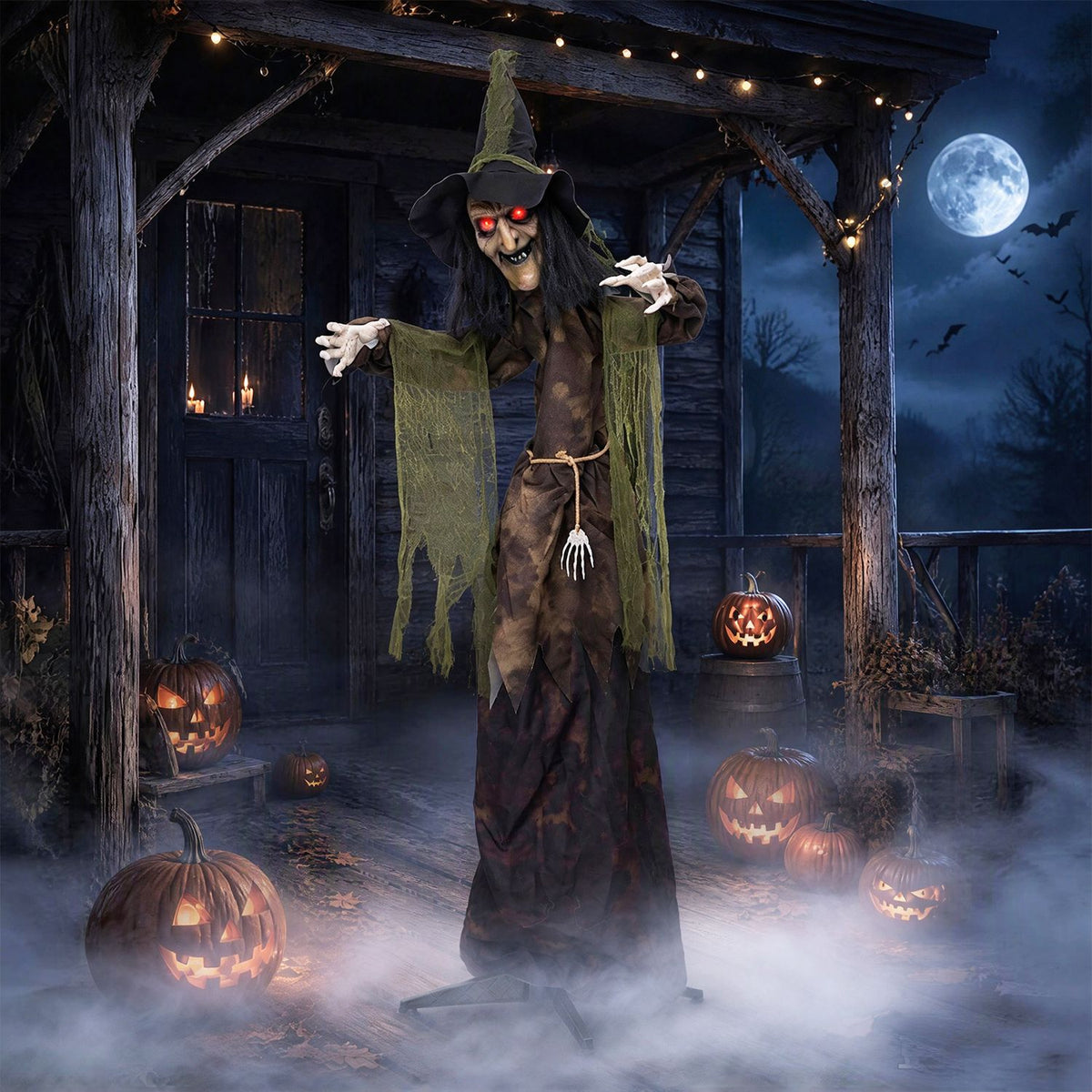 6.2-foot Halloween animated witch decoration with red glowing eyes, spooky holiday decor for Halloween celebrations