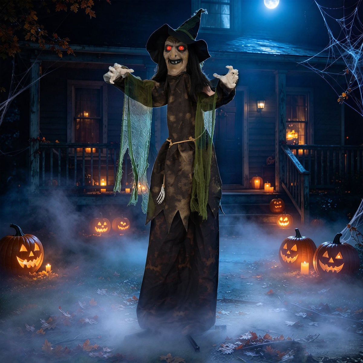 6.2 ft. Halloween animated witch decoration with glowing red eyes, spooky holiday decor for Halloween celebrations