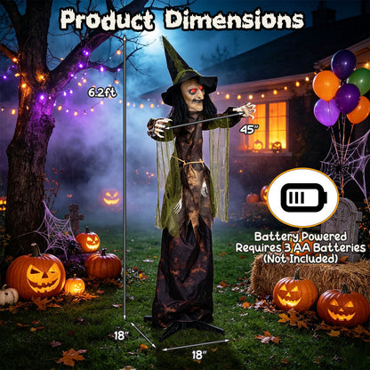 6.2 ft. Halloween animated witch decoration with glowing red eyes and spooky costume, perfect for holiday decor.