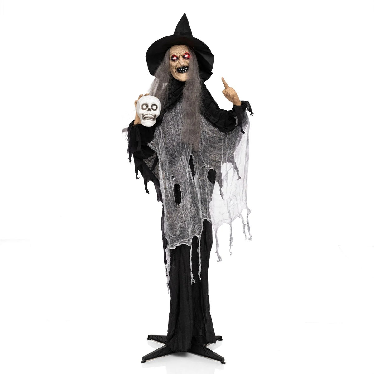6.3-foot Halloween standing animatronic witch holding a skull in hand, spooky holiday decor for Halloween by Wilsons Home Store