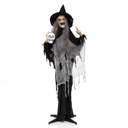 6.3-foot Halloween standing animatronic witch holding a skull in hand, spooky holiday decor for Halloween by Wilsons Home Store