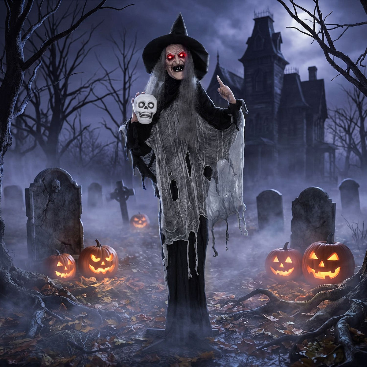 6.3 ft Halloween standing witch animatronic with skull in hand, spooky holiday decoration for Halloween by Wilsons Home Store