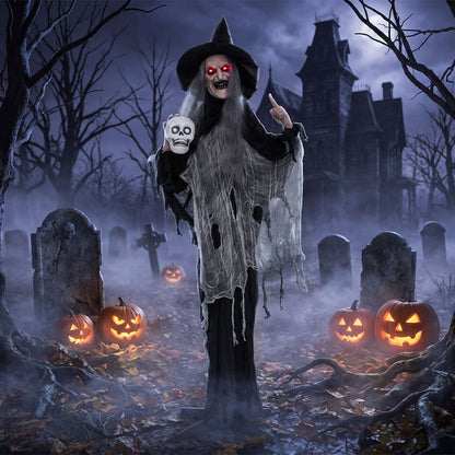 6.3 ft Halloween standing witch animatronic with skull in hand, spooky holiday decoration for Halloween by Wilsons Home Store