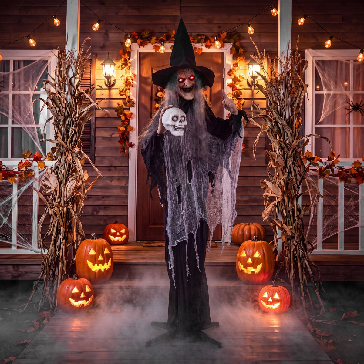 6.3-foot Halloween standing witch animatronic with skull in hand, spooky holiday decor for Halloween celebrations