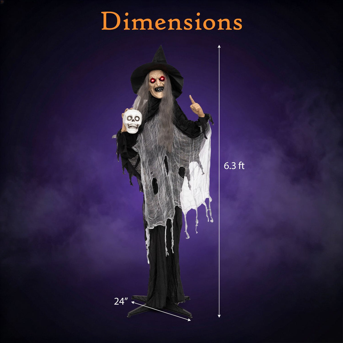 6.3 ft Halloween standing witch with skull in hand, Halloween holiday decor by Wilsons Home Store, spooky outdoor decoration