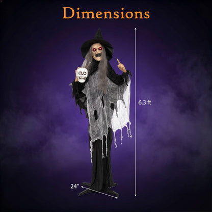 6.3 ft Halloween standing witch with skull in hand, Halloween holiday decor by Wilsons Home Store, spooky outdoor decoration