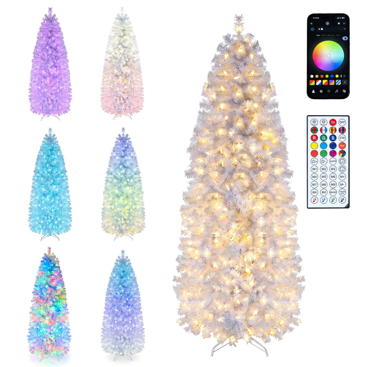 6.3 ft smart pencil Christmas tree with remote and app control, decorated with ornaments and lights for holiday decor.
