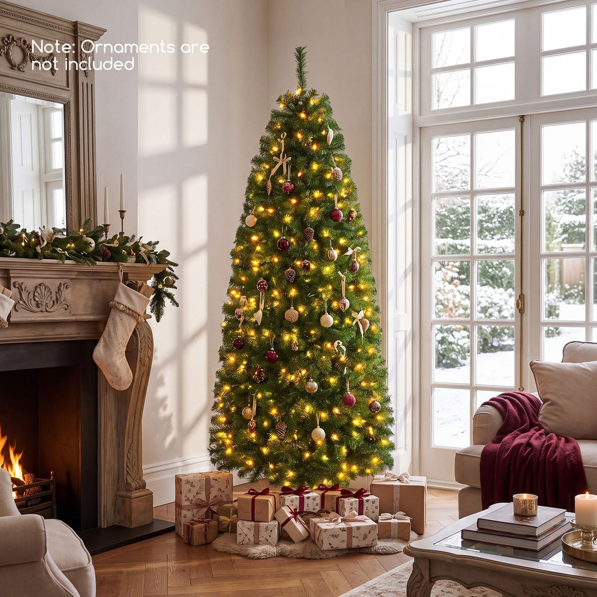 6.3 ft smart pencil Christmas tree with pre-lit RGB LED lights, holiday decor by Wilsons Home Store, showing colorful illuminated tree