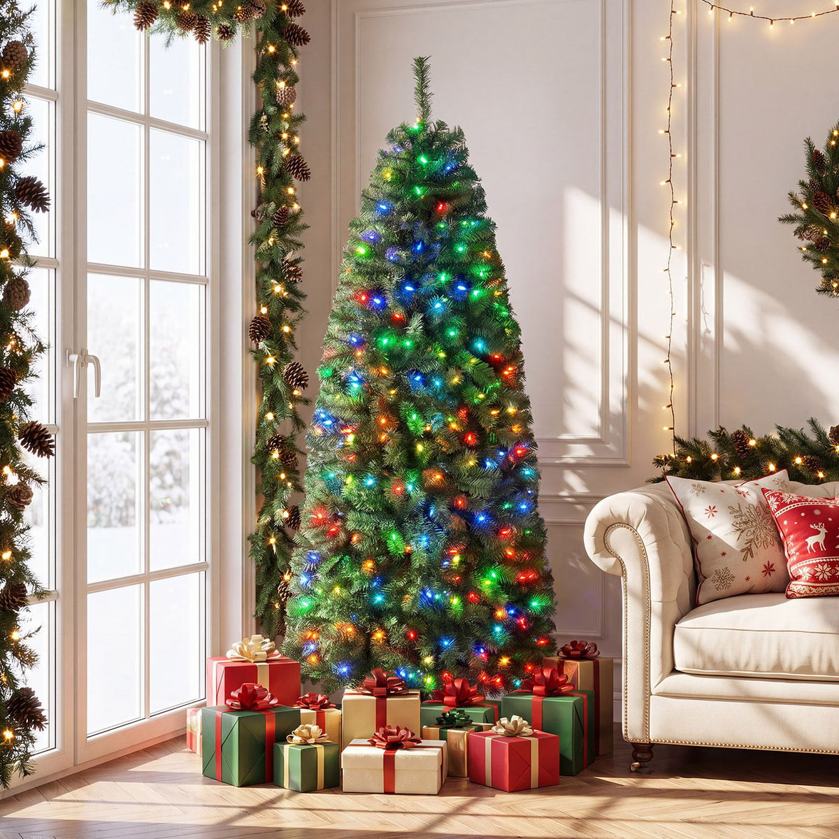 6.3 ft smart pencil Christmas tree with pre-lit RGB LED lights, decorated for holiday season, by Wilsons Home Store