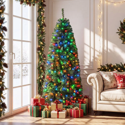 6.3 ft smart pencil Christmas tree with pre-lit RGB LED lights, decorated for holiday season, by Wilsons Home Store