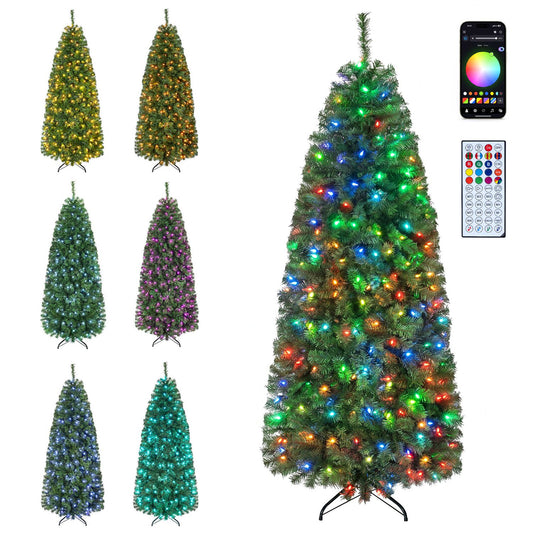 6.3 ft smart pencil Christmas tree with pre-lit RGB LED lights, decorated for holiday festivities, from Wilsons Home Store.