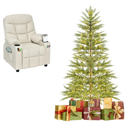 6.5FT Pre-Lit Christmas Tree & Beige Kids Recliner Chair Set  Cozy Holiday Bundle