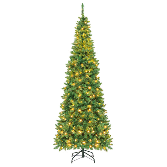 Hinged 7.5-foot pre-lit artificial pencil Christmas tree with clear lights, realistic branches, perfect for holiday decor.