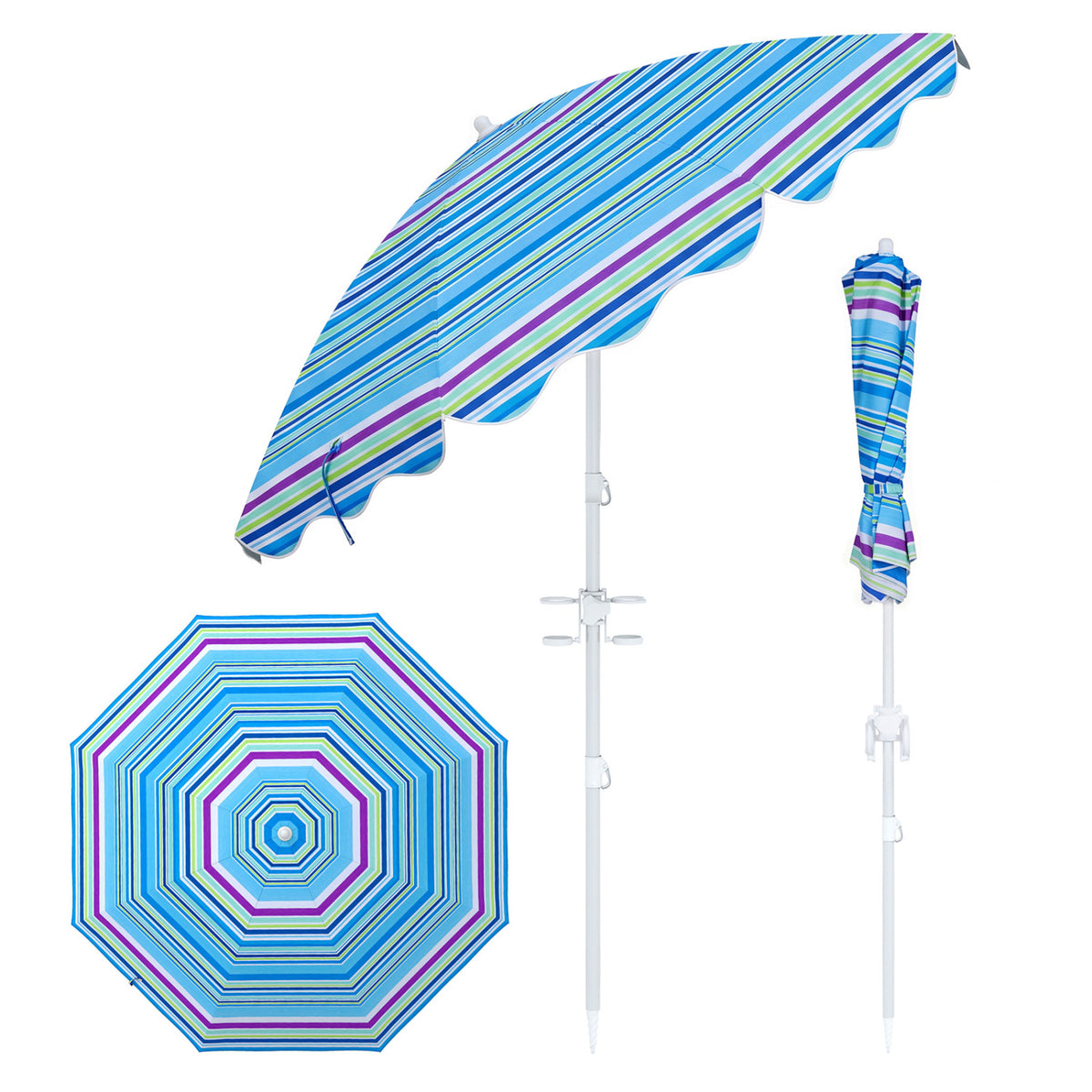 Blue 6.5 ft beach umbrella with UPF 50+ sun protection and sand anchor, ideal for garden and pool outdoor shade.