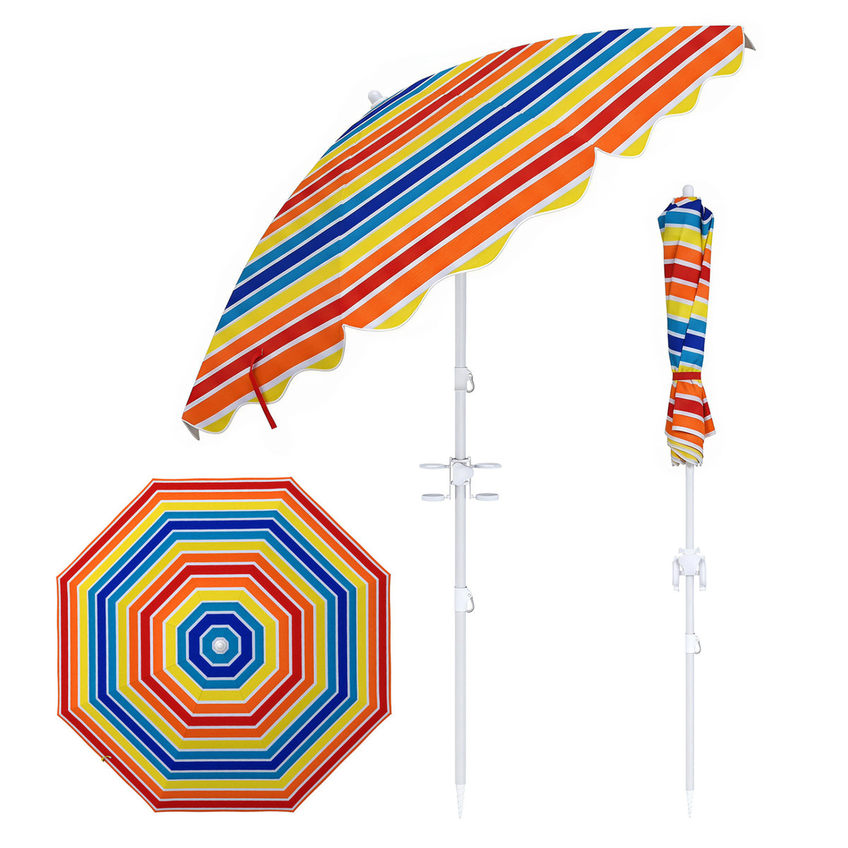 Blue 6.5 ft beach umbrella with UPF 50+ sun protection and sand anchor, ideal for garden or poolside shade.