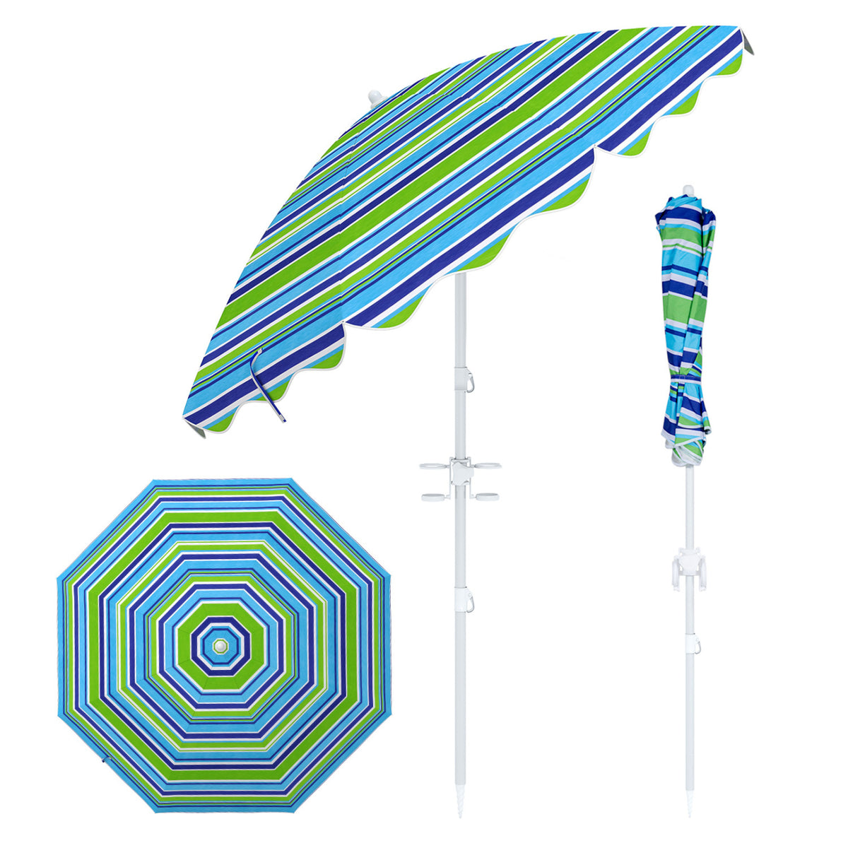 Blue 6.5 ft beach umbrella with UPF 50+ protection and sand anchor for garden or pool use, by Wilsons Home Store.