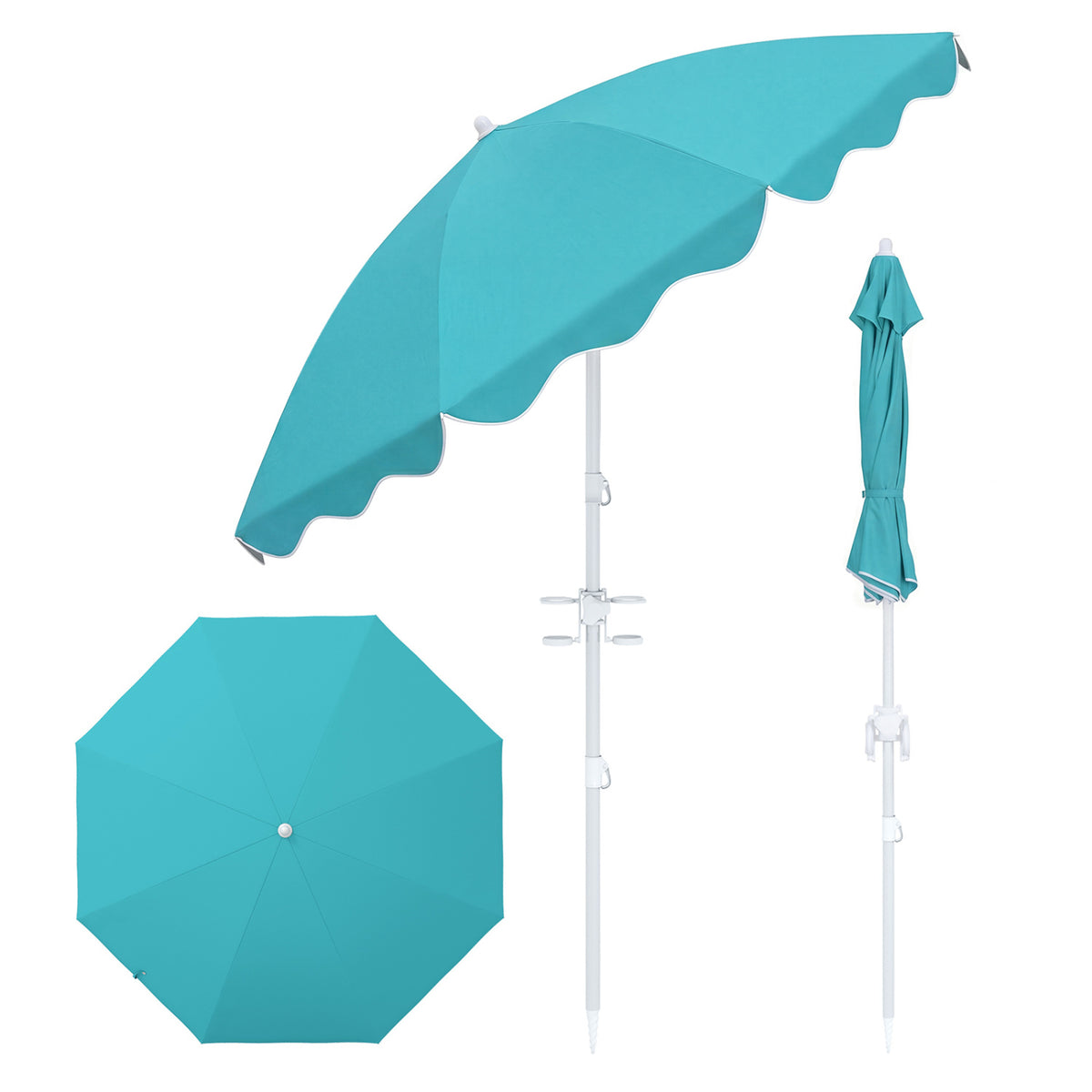 Blue 6.5 ft beach umbrella with UPF 50+ sun protection and sand anchor for garden or pool outdoor shade.