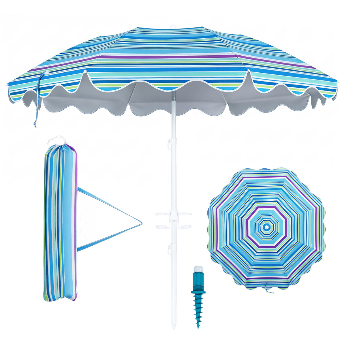 Blue 6.5 ft beach umbrella with UPF 50+ and sand anchor, ideal for garden, pool, or backyard outdoor shade.