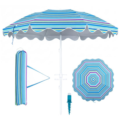 Blue 6.5 ft beach umbrella with UPF 50+ and sand anchor, ideal for garden, pool, or backyard outdoor shade.