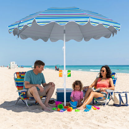 6.5 ft blue beach umbrella with UPF 50+ sun protection and sand anchor, ideal for garden, pool, or backyard outdoor shade.