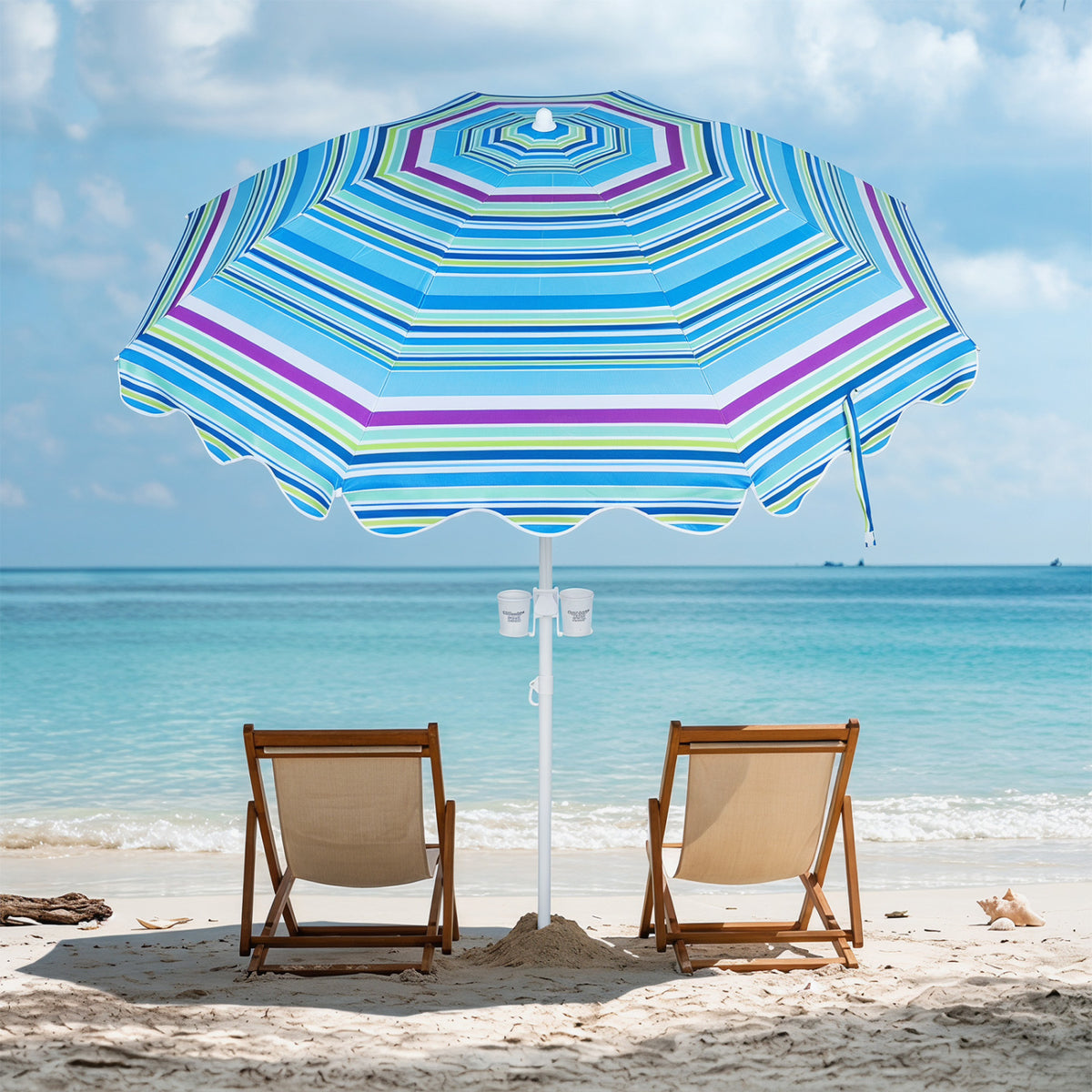 Blue 6.5 ft beach umbrella with UPF 50+ sun protection and sand anchor, ideal for garden, pool, or backyard outdoor shade.