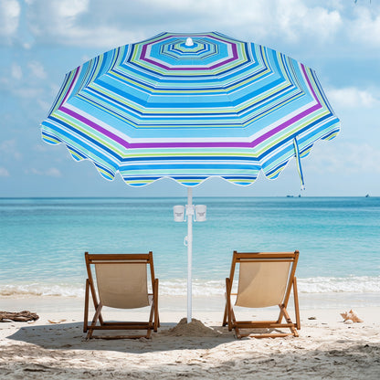 Blue 6.5 ft beach umbrella with UPF 50+ sun protection and sand anchor, ideal for garden, pool, or backyard outdoor shade.