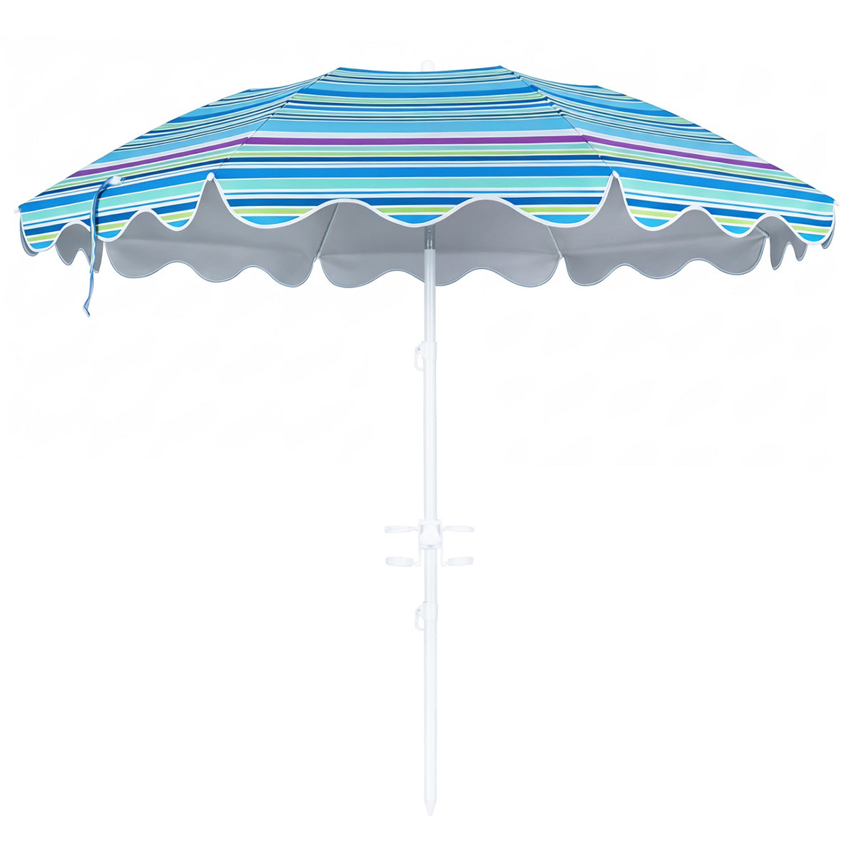 Blue 6.5 ft beach umbrella with UPF 50+ sun protection and sand anchor for garden, pool, or backyard outdoor shade.