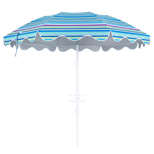 Blue 6.5 ft beach umbrella with UPF 50+ sun protection and sand anchor for garden, pool, or backyard outdoor shade.