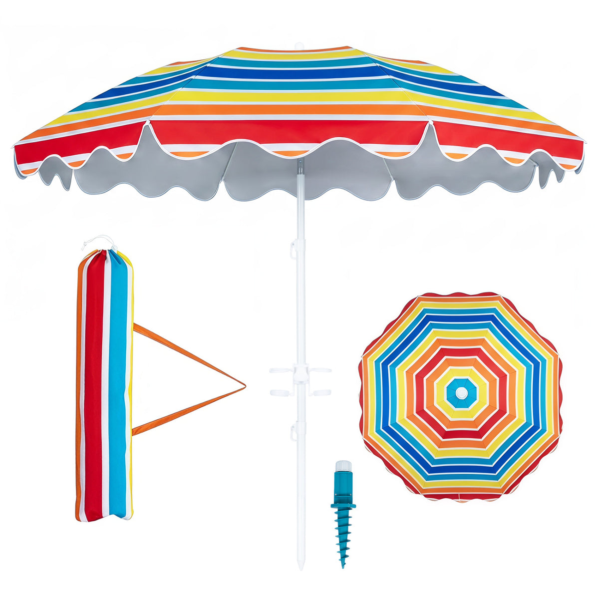 Blue 6.5 ft beach umbrella with UPF 50+ sun protection and sand anchor, ideal for garden, pool, or backyard outdoor shade.