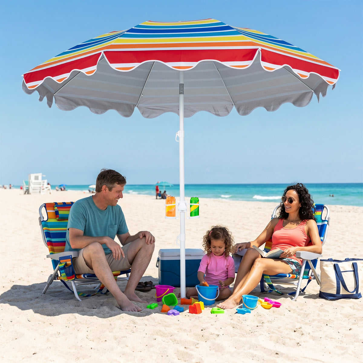 Blue 6.5 ft beach umbrella with UPF 50+ sun protection and sand anchor, ideal for garden, pool, or backyard outdoor shading.