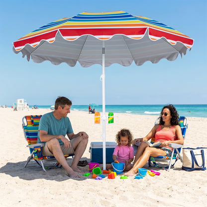 Blue 6.5 ft beach umbrella with UPF 50+ sun protection and sand anchor, ideal for garden, pool, or backyard outdoor shading.