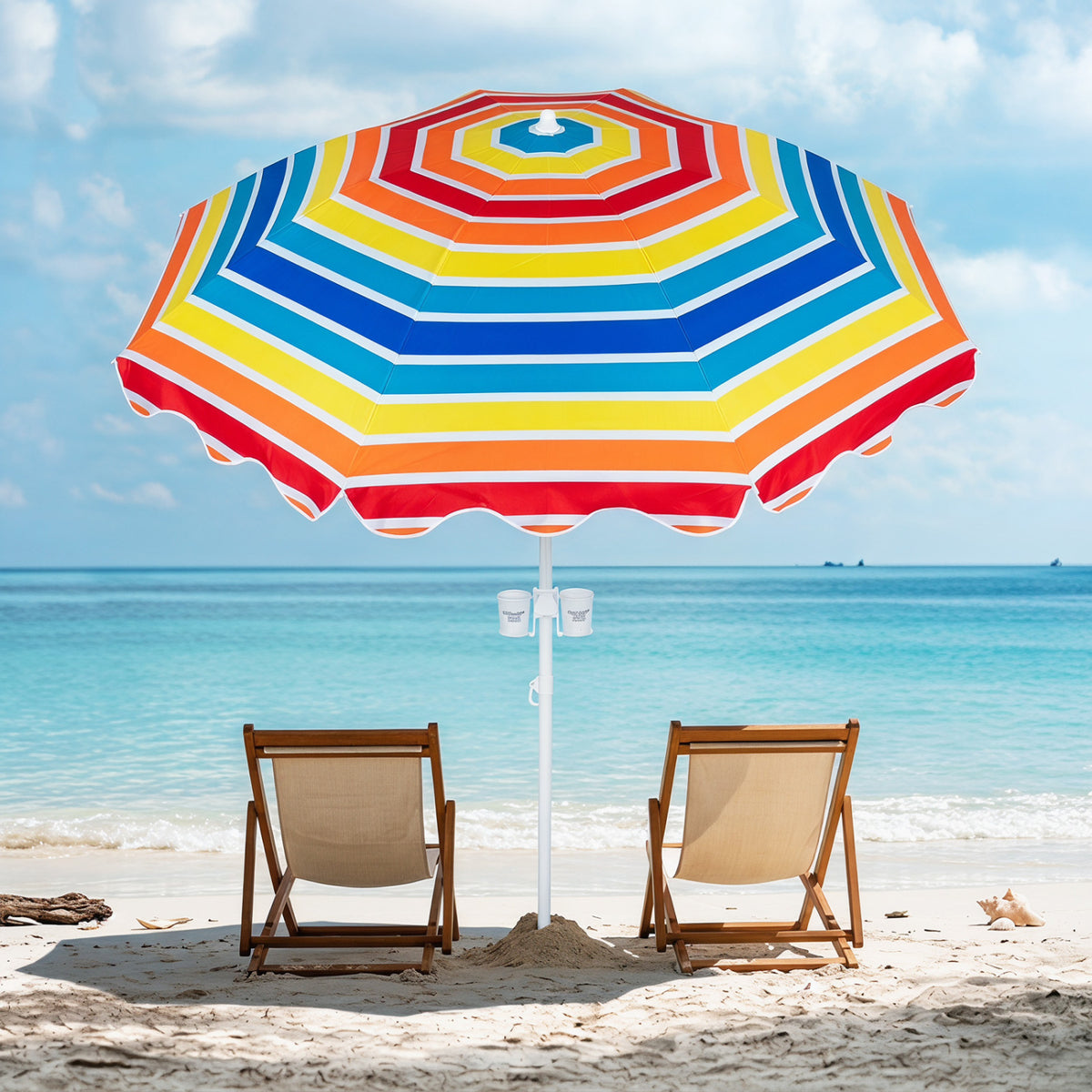 Blue 6.5 ft beach umbrella with UPF 50+ sun protection and sand anchor, ideal for garden, pool, or backyard outdoor shade.