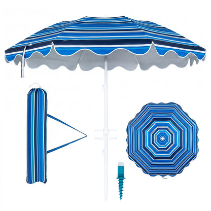Blue 6.5 ft beach umbrella with UPF 50+ sun protection and sand anchor for garden, pool, or backyard outdoor shade.