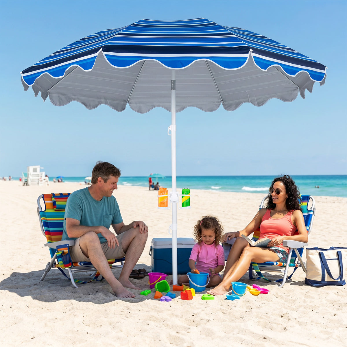 6.5 ft blue beach umbrella with UPF 50+ protection and sand anchor, ideal for garden, pool, or backyard outdoor shading.