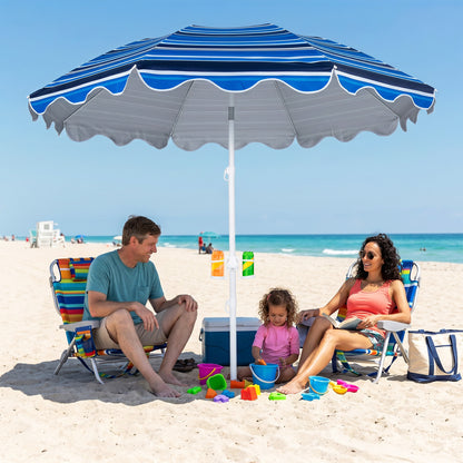 6.5 ft blue beach umbrella with UPF 50+ protection and sand anchor, ideal for garden, pool, or backyard outdoor shading.