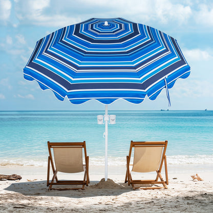 Blue 6.5 ft beach umbrella with UPF 50+ sun protection and sand anchor, ideal for garden, pool, or backyard outdoor shading.