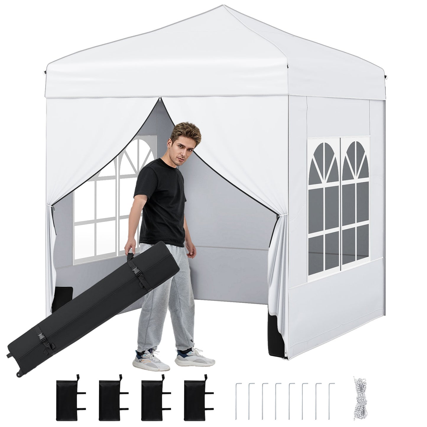 6.5 x 6.5 FT Pop up Canopy Tent with 4 Sidewalls and Wheeled Bag-Grey