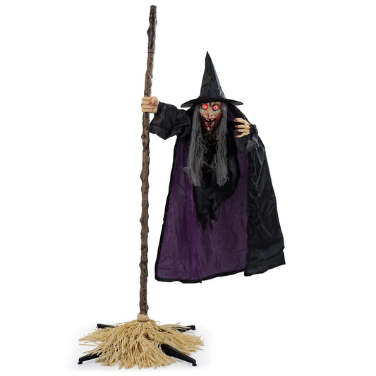 6.6ft Halloween animated witch on broom decoration with flying motion, designed for holiday decor by Wilsons Home Store