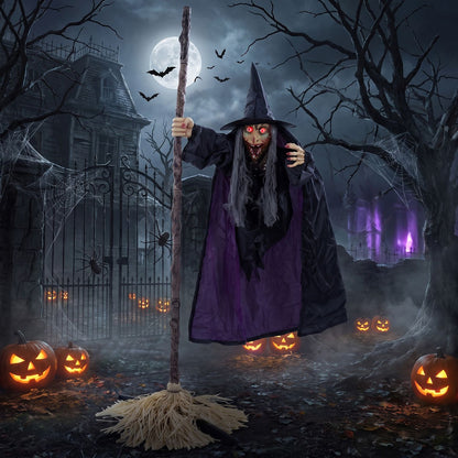 6.6ft Halloween animated flying witch on broom, holiday decor by Wilsons Home Store, with outstretched arms and flowing cape.