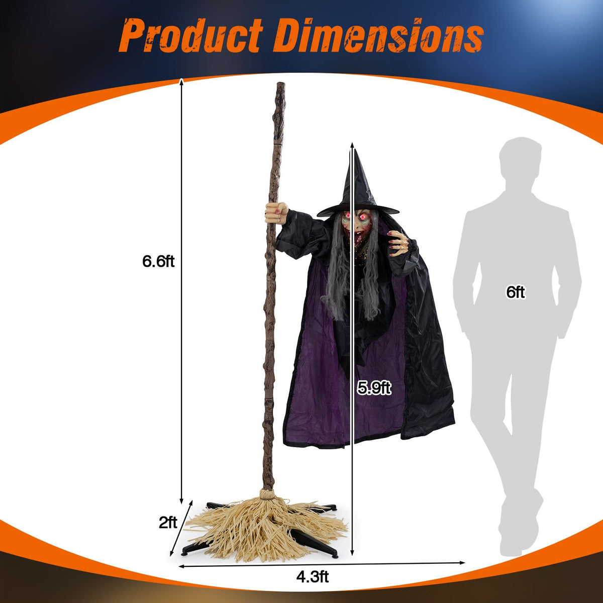 6.6ft Halloween animated flying witch on broom decoration with glowing eyes, perfect for spooky holiday decor.