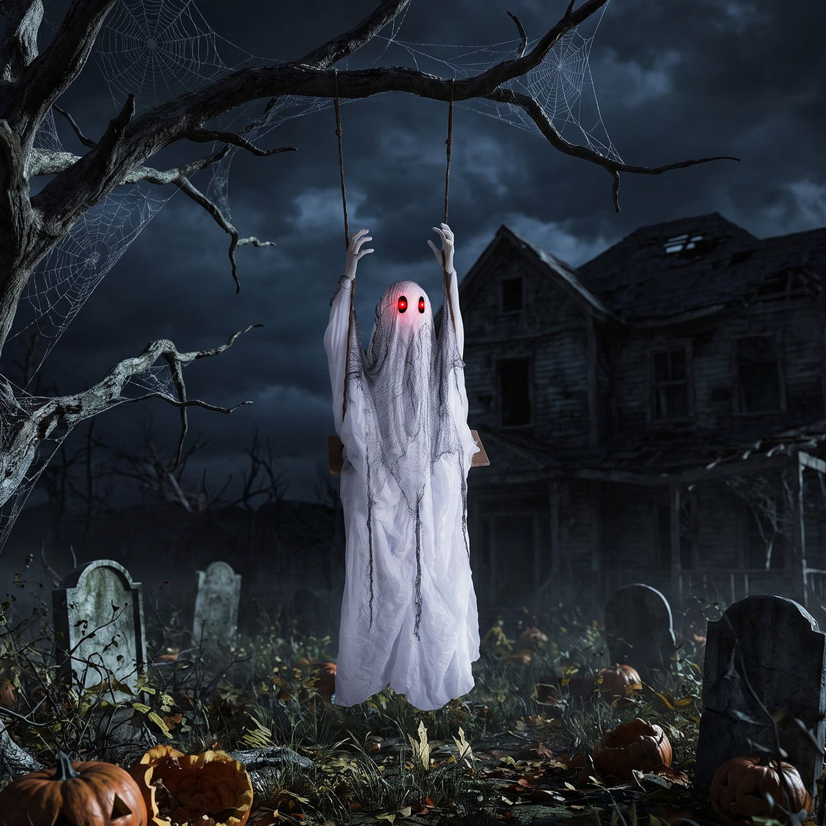 6.6 ft Halloween animated swing ghost with light-up eyes, spooky holiday decor from Wilsons Home Store.