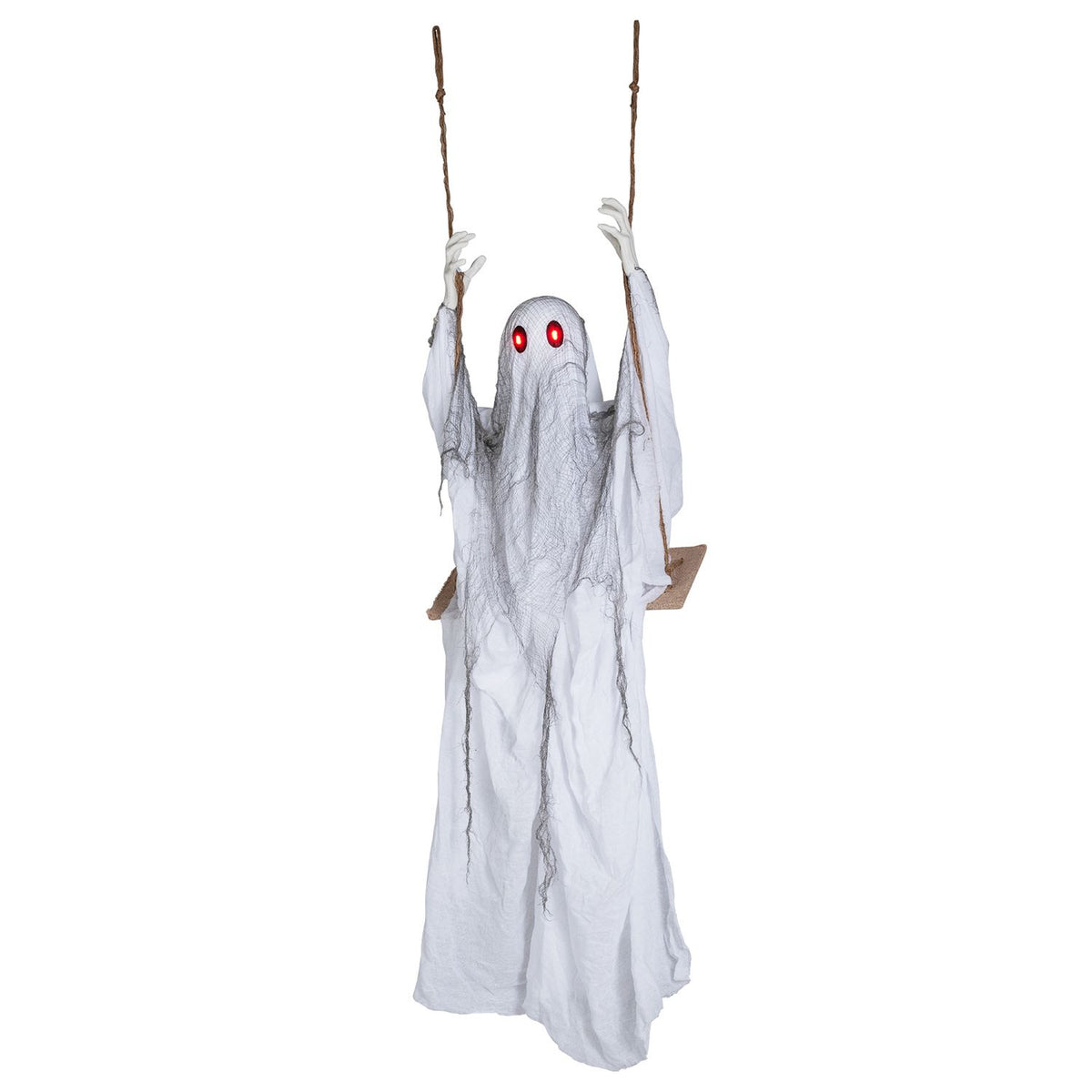 6.6 ft Halloween animated ghost decoration with light-up eyes, featuring swinging motion for spooky holiday decor.