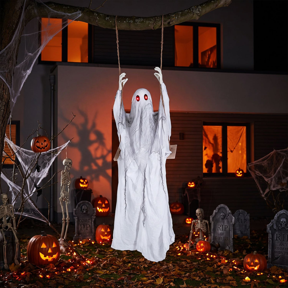 6.6 ft Halloween animated swing ghost with glowing eyes, spooky holiday decor for Halloween celebrations.