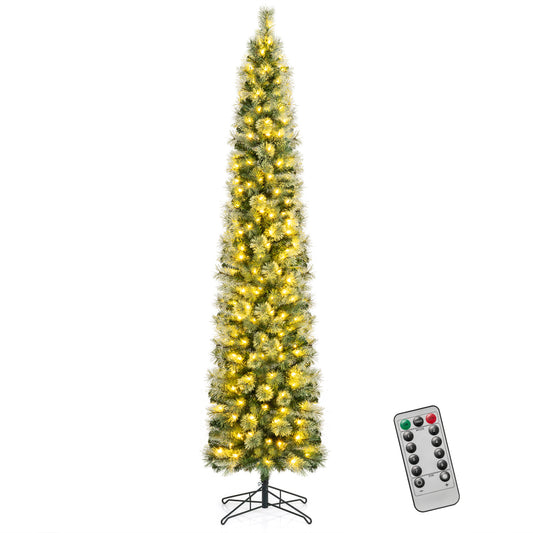 6, 7, or 8 ft pre-lit pencil artificial Christmas tree with warm white LED lights and 8 lighting modes, decorated for holiday decor.